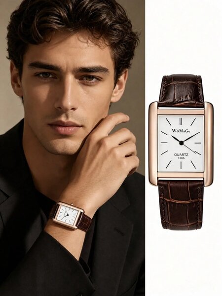 Shein - 1Pc Elegant Minimalist Square Men'S Watch, Luxury Rose Gold Rectangular Wristwatch