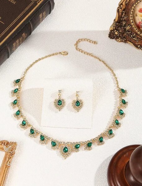 Shein - 3pcs Set Green Glass Water Drop Peacock Crystal Women Earrings & Necklace Wedding Jewelry
