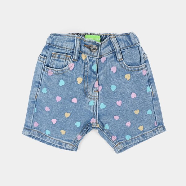 Infant Girls Denim Rigid Shorts – Pastel Heart Print Mid Blue with Pockets