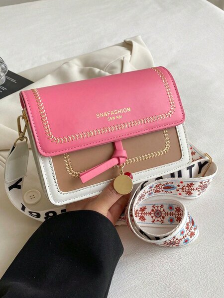 Shein - Fashionable Bag For Women, Versatile New Crossbody Bag, Casual, Contrasting Color, Small Square Bag, Wide Shoulder Strap, For Party Date School Outdoor Gift