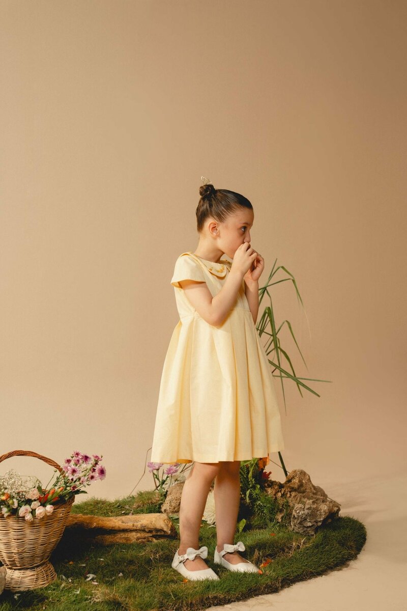 Marigold | Cream cotton blend pleated dress with hand-embroidered collar