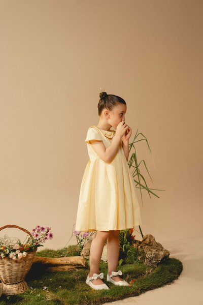 Marigold | Cream cotton blend pleated dress with hand-embroidered collar