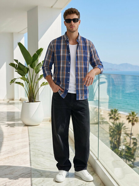 Blue & Brown Check Button Down Casual Shirt (CSC-427)