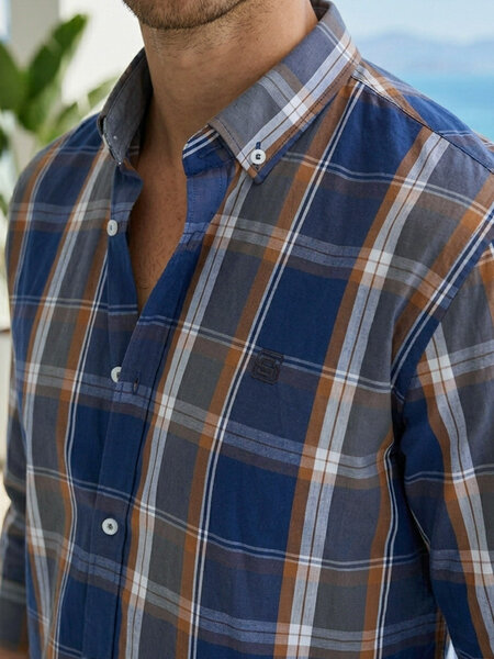 Blue & Brown Check Button Down Casual Shirt (CSC-427)