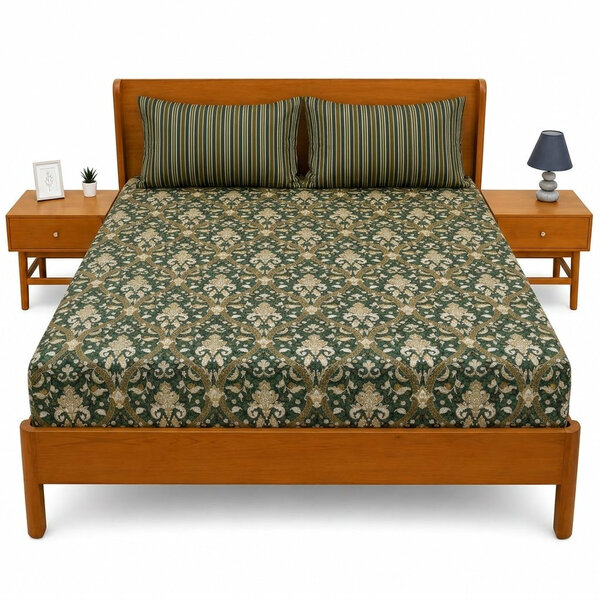 Olive Damask Double Bed Sheet 94 × 98 Inch | Elegant Printed Bed Sheet for Bedroom