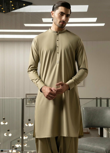 Stylish Garments Mens RTW Embroidered Wash N Wear Kurta Shalwar Suit Fawn Casual Collection