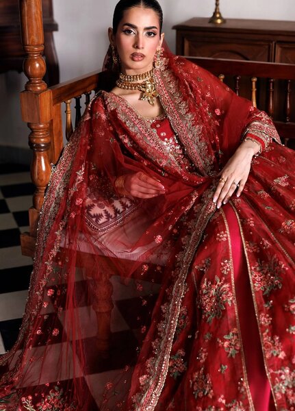 Marwa by Maryam Hussain Unstitched Embroidered Organza 3 Piece Suit Crimson - Wedding Collection