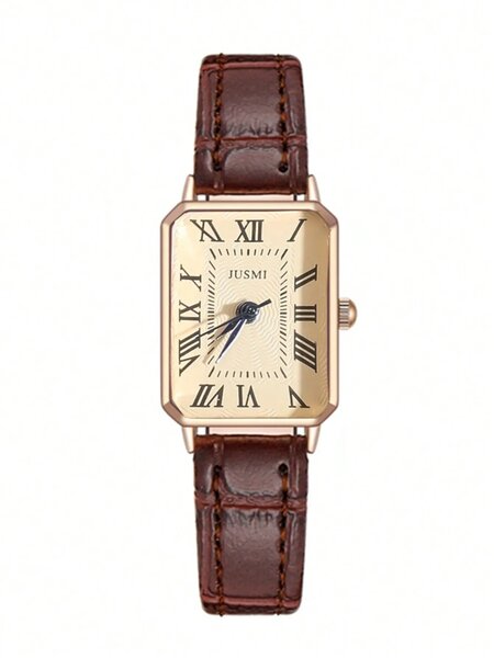 Shein - 1pc Teenager/Student Square Roman Numeral Dial Leather Band Quartz Watch - Brown
