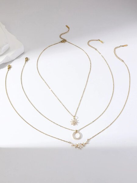 Shein - 3pcs/set Fashionable Elegant Necklace With Flower & Circle Shaped Design, Unique And Creative Jewelry For Women, Luxury Gift