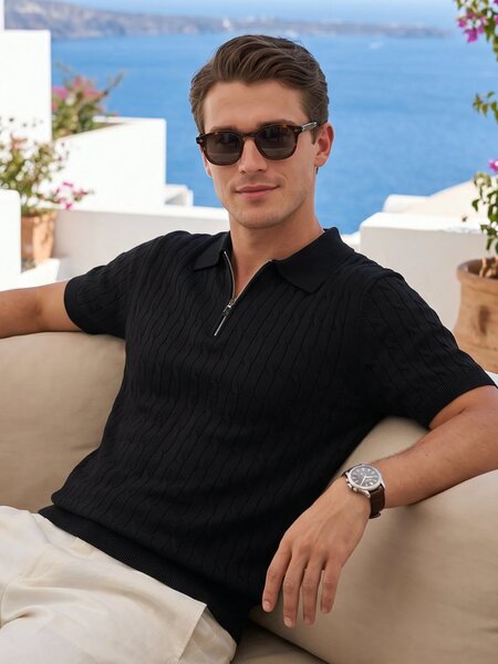 Black Knitted Zipper Polo (SKZP-060)