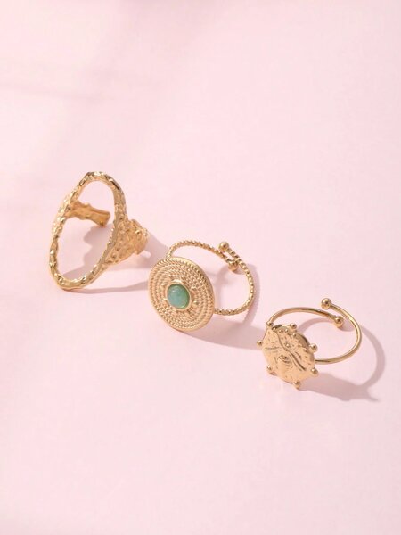 Shein - 3pcs/set Fashion Stainless Steel Round Decor Ring For Women For Daily Life