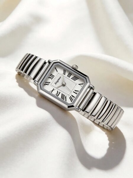 Shein - 1pc Women's Elegant Retro Quartz Watch With Roman Numeral Markers, Quality Alloy Case - Silver