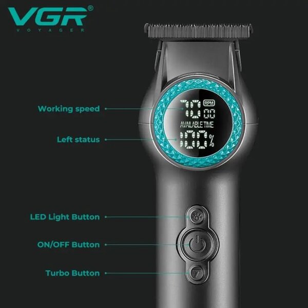 VGR - Ultra-Premium Zero Gapped Professional 8000 Rpm 2 Speed Hair Trimmer Ceramic & Powder Metallurgic Blade Digital Display 2000Mah Lithium Battery Cord/Cordless