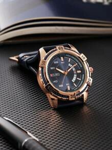 Shein - Men's Watch Quartz Movement New Leather Belt Luminous Waterproof Blue