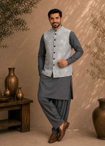 TGM Men RTW Textured Blended 3 Piece Suit Sterling Ash Festive Collection