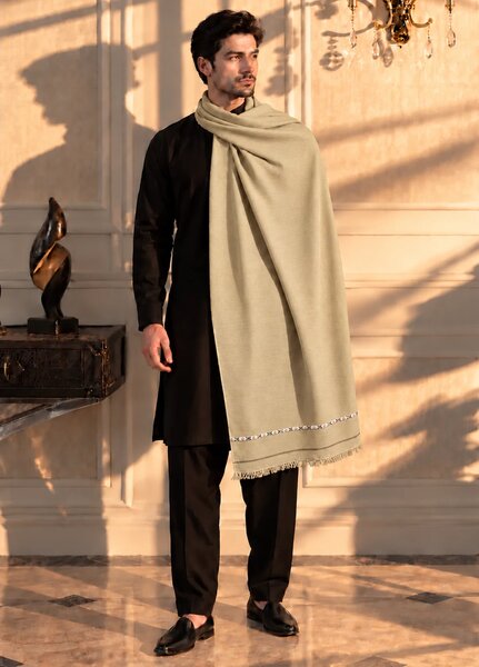 Sanaulla Exclusive Range Men Solids Wool Shawl KPS: D-96 Cream-03 - Winter Collection