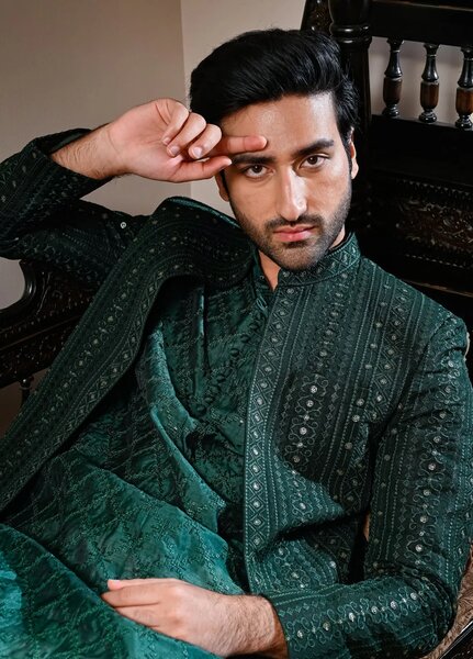 HK Fashion Raw Silk Mens - Emerald Green Embroidered Prince Coat