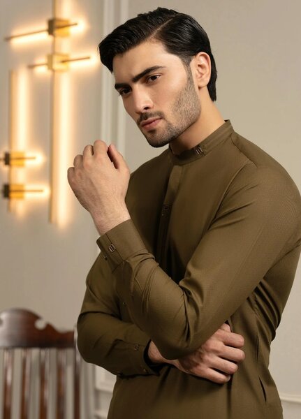 Stylish Garments Mens RTW Solids Wash N Wear Kurta Shalwar Suit Brown Golden Casual Collection