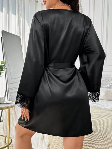 Shein - Women's Lace Trimmed Bathrobe With Waist Belt