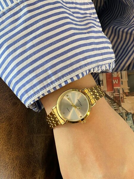 Shein - Latest Korean Style Women's Watch, Gold & White Dial, Waterproof, Stainless Steel Strap, Fashionable & Casual Quartz Wristwatch