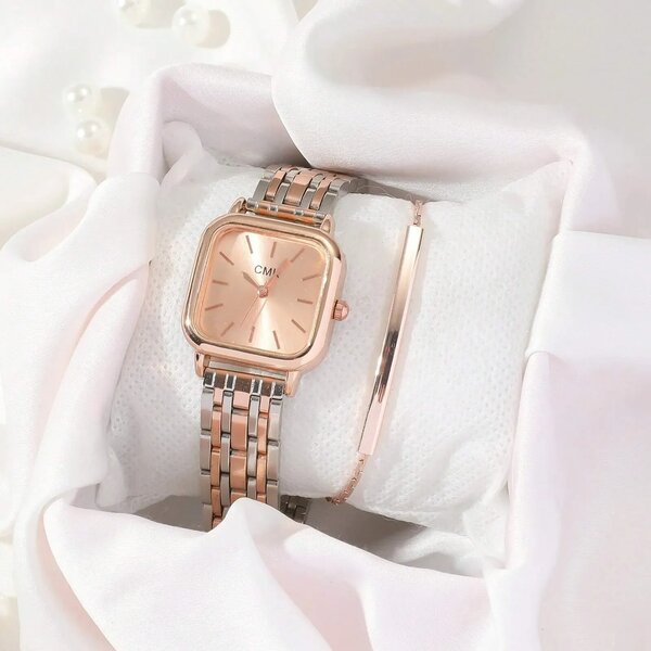 Shein - 2Pcs/Set Minimalist Stainless Steel Strap Quartz Watches For Women