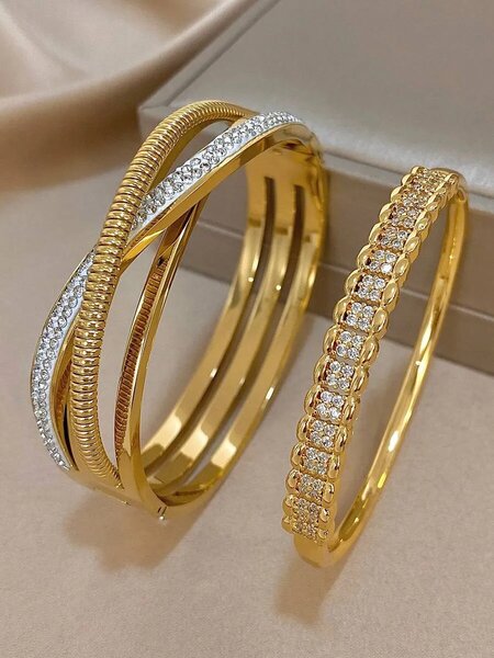 Shein - 18K Gold Plated Stainless Steel Luxury Vintage Zirconia Bangle Bracelets