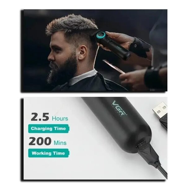 VGR - Ultra-Premium Zero Gapped Professional 8000 Rpm 2 Speed Hair Trimmer Ceramic & Powder Metallurgic Blade Digital Display 2000Mah Lithium Battery Cord/Cordless