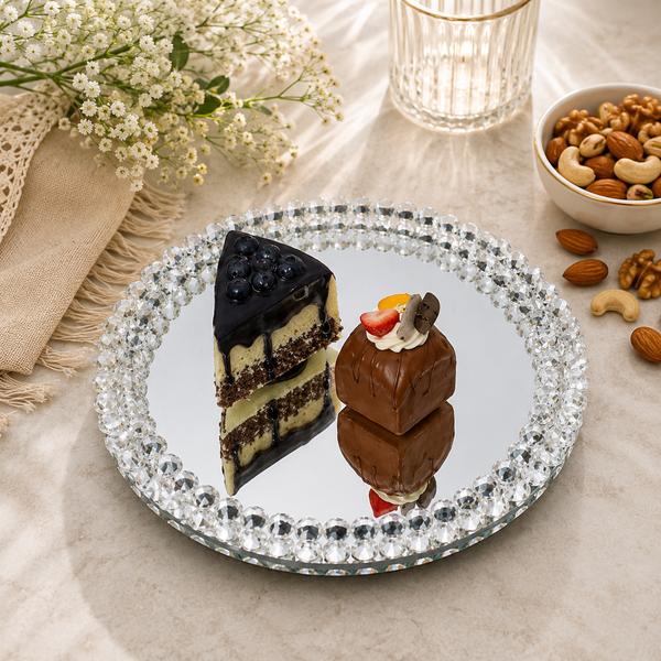 Luxury 12-Inch Crystal Beaded Mirrored Cake Stand Dessert Display Tray | Elegant Round Cake Dish for Cakes, Cupcakes, Pastries, Weddings, Birthdays, Parties, Home Décor & Special Events