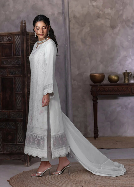Gul Bano by Shamooz RTW Embroidered Crinkle Chiffon 3 Piece Suit SHM26RG Mist Grey I-CH-0019 - Festive Collection