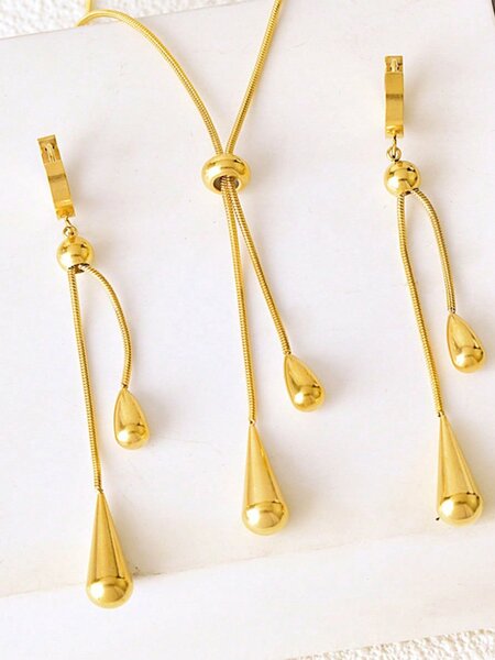 Shein - 3Pcs/Set Fashionable Water Drop Tassel Earrings Pendant, Adjustable Sweater Chain Necklace With Snake Bone Link Design