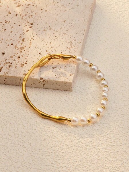 Shein - Vcetd 1Pc Elegant Vintage Style Stainless Steel Bead Decor Bracelet