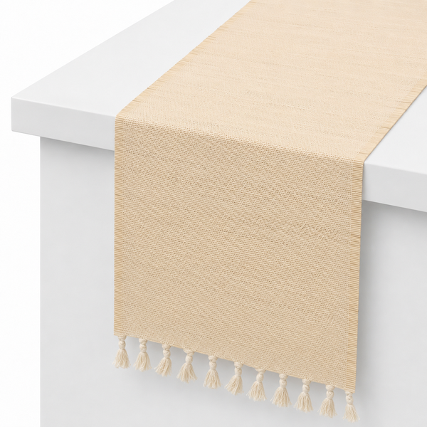 Neutral Woven Table Runner with Tassels – 13 x 72 Inches | Minimalist Decorative Dining Table Runner