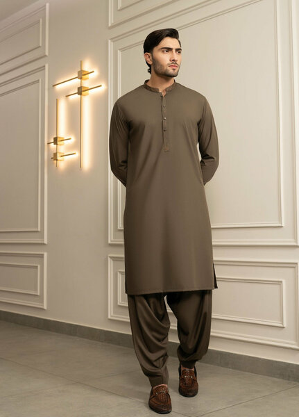 Stylish Garments Mens RTW Embroidered Wash N Wear Kurta Shalwar Suit Olivya Casual Collection