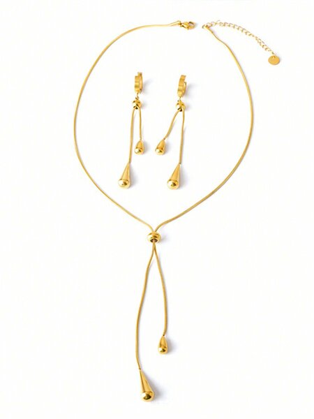 Shein - 3Pcs/Set Fashionable Water Drop Tassel Earrings Pendant, Adjustable Sweater Chain Necklace With Snake Bone Link Design