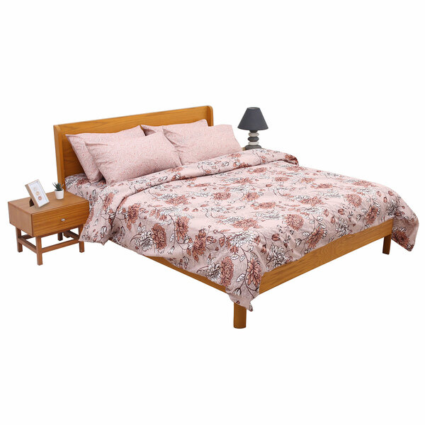 Beige Floral Double Bedding Set – 6 Piece Soft Cotton Elegant Printed Bed Linen Collection