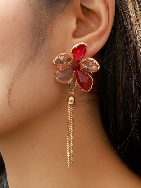 Shein - 1pair Fashionable Luxurious Ladies' Faux Pearl & Rhinestone Leaf & Flower Drop Earrings
