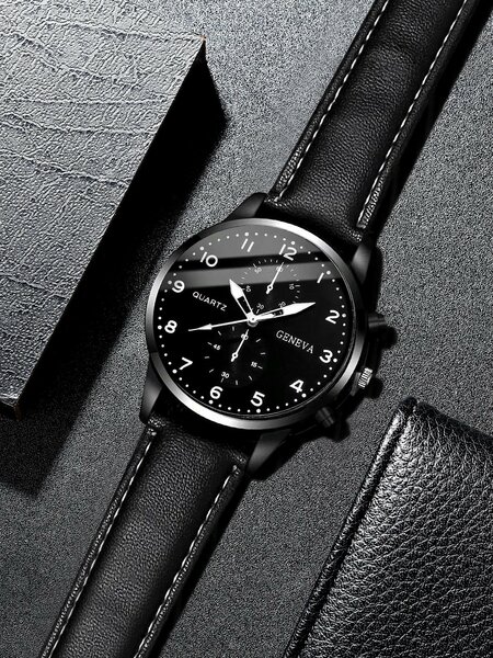 Shein - 2pcs/set Men's Fashionable Casual Numerical Scale Dial With Calendar Quartz Wristwatch And Leather Bracelet