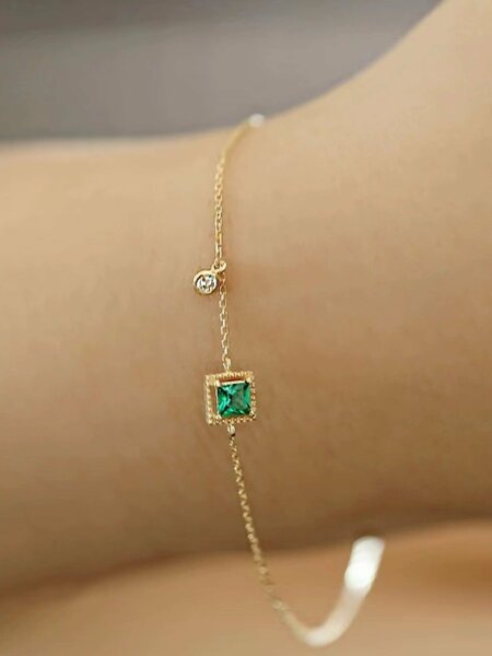 Shein - 1pc Minimalist & Delicate & Personalized Design Ins Style S925 Silver Plated 14k Gold Bracelet With Green Square Cubic Zirconia Decoration