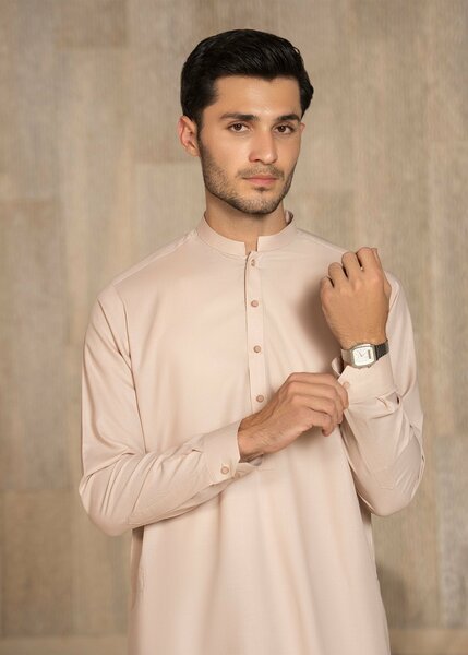 Buraq Men RTW Solids Wash N Wear Kurta Shalwar Suit Pinkish Brown Casual Collection