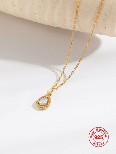 Shein - 1pc Pure 925 Sterling Silver Gold Plated Water-shaped Pendant Necklace With Rhinestone Decoration For Women, A Fashionable And Luxurious Versatile Jewelry Gift