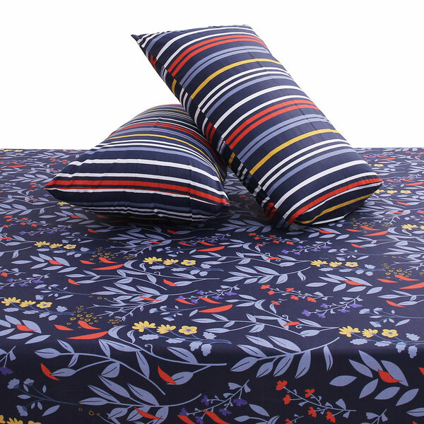 Blue Leaf Double Bedding Set – 6 Piece Modern Floral & Striped Bed Linen | Elegant Botanical Design