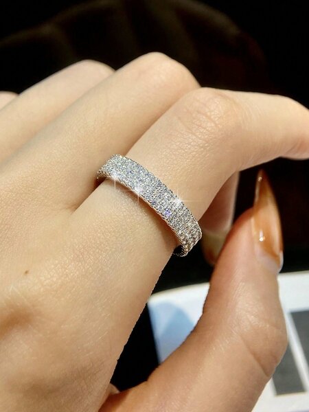 Shein Exclusive - 1pc Simple Micropavé Diamond Stacked Band Ring  Ring Ladies Jewelry For Women S925 Sterling Silver Exquisite Double Layer Ring Fine Jewelry Gift For Girls Daily Life Decor