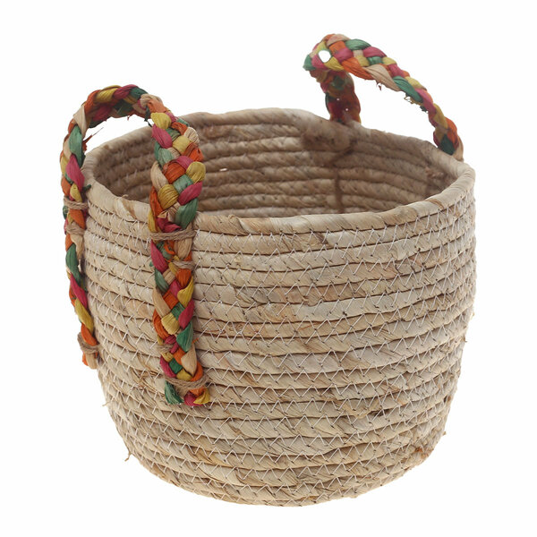 Handwoven Round White Basket with Multicolor Braided Handles – Small Natural Fiber Storage Organizer