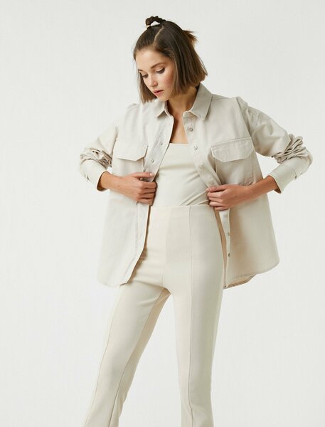 Koton Cotton Back Printed Oversize Shirt Stone