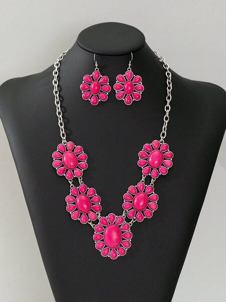 Shein - 1Set Women'S Vintage Bohemian Style Stone Pendant Necklace & Earrings, Ideal For Holidays Or Parties