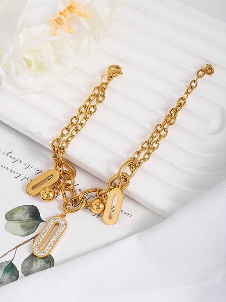 Shein - 1pc Fashion Stainless Steel Geometric Decor Layered Chain Bracelet For Women For Daily Decoration