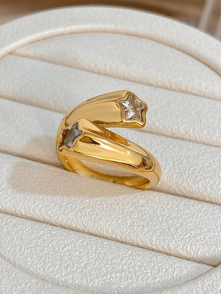 Shein - 18K Gold Plated Elegant Heart & Star Zirconia Adjustable Stainless Steel Ring Set