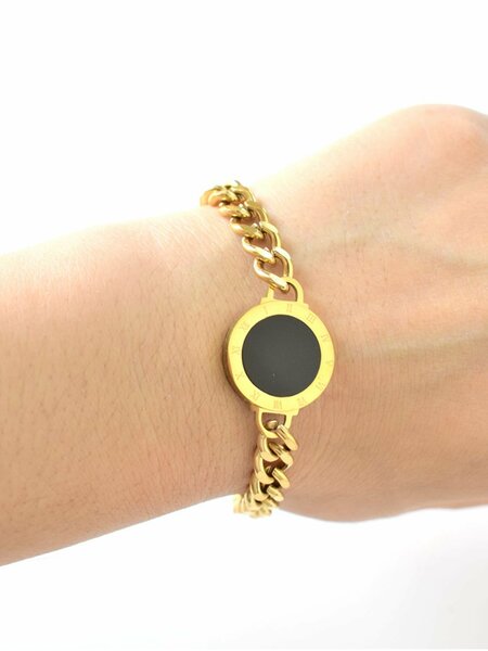 Shein - 1Pc Stainless Steel Cable Chain Double-Sided Black & White Shell Roman Numbers Charm Bracelet