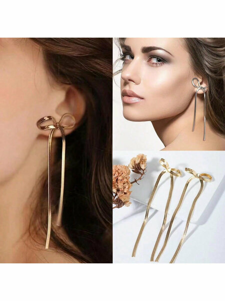 Shein - 1Pair High-End Elegant And Sweet Copper Chain Braided Bowknot Earrings For Women, Ideal For Daily Wear, Dress And Party