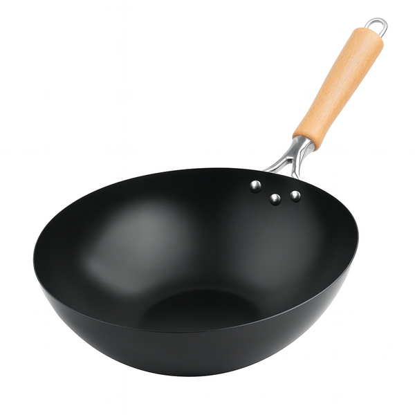 Steel Wok Pan with Wooden Handle – Non-Stick Deep Fry Pan for Stir-Fry, Sauté & Everyday Cooking (22 cm, 24 cm, 26 cm)
